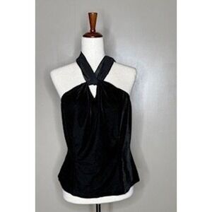 ICE Black Velvet Halter Neck Top Sheer Tie Back Sleeveless Blouse Medium